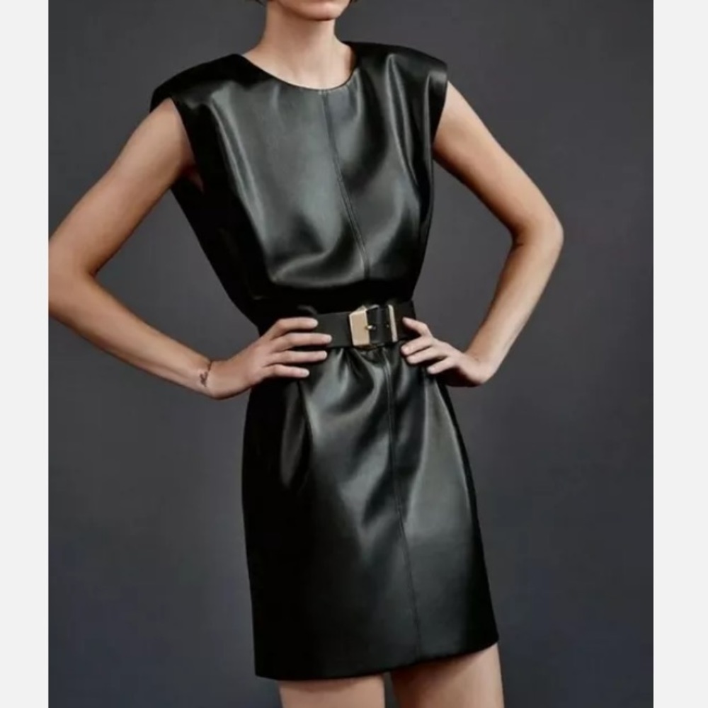 ZARA NWT Shoulder Pad Faux Leather Black Shift Dress
